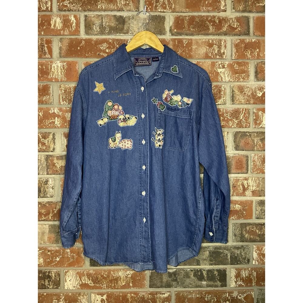 VTG Champa Studio Denim Christmas Long Sleeve Button Down Shirt Size L Cotton